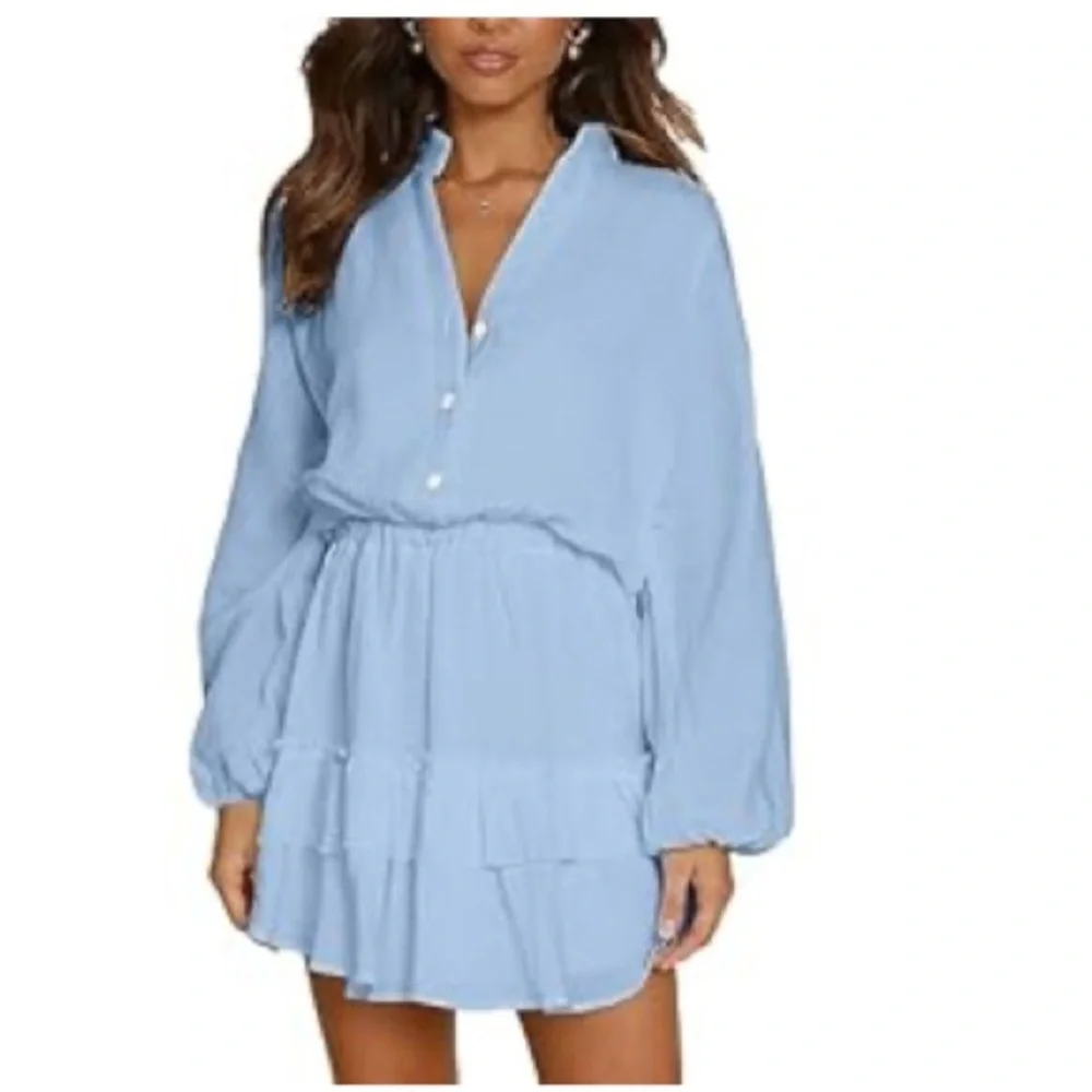 Women's Layer Ruffle Button Front V Neck Elastic Waist Long Sleeve Mini Dress - Picture 1 of 2